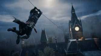 Jacob using his zipline between London rooftops in a cloudy night