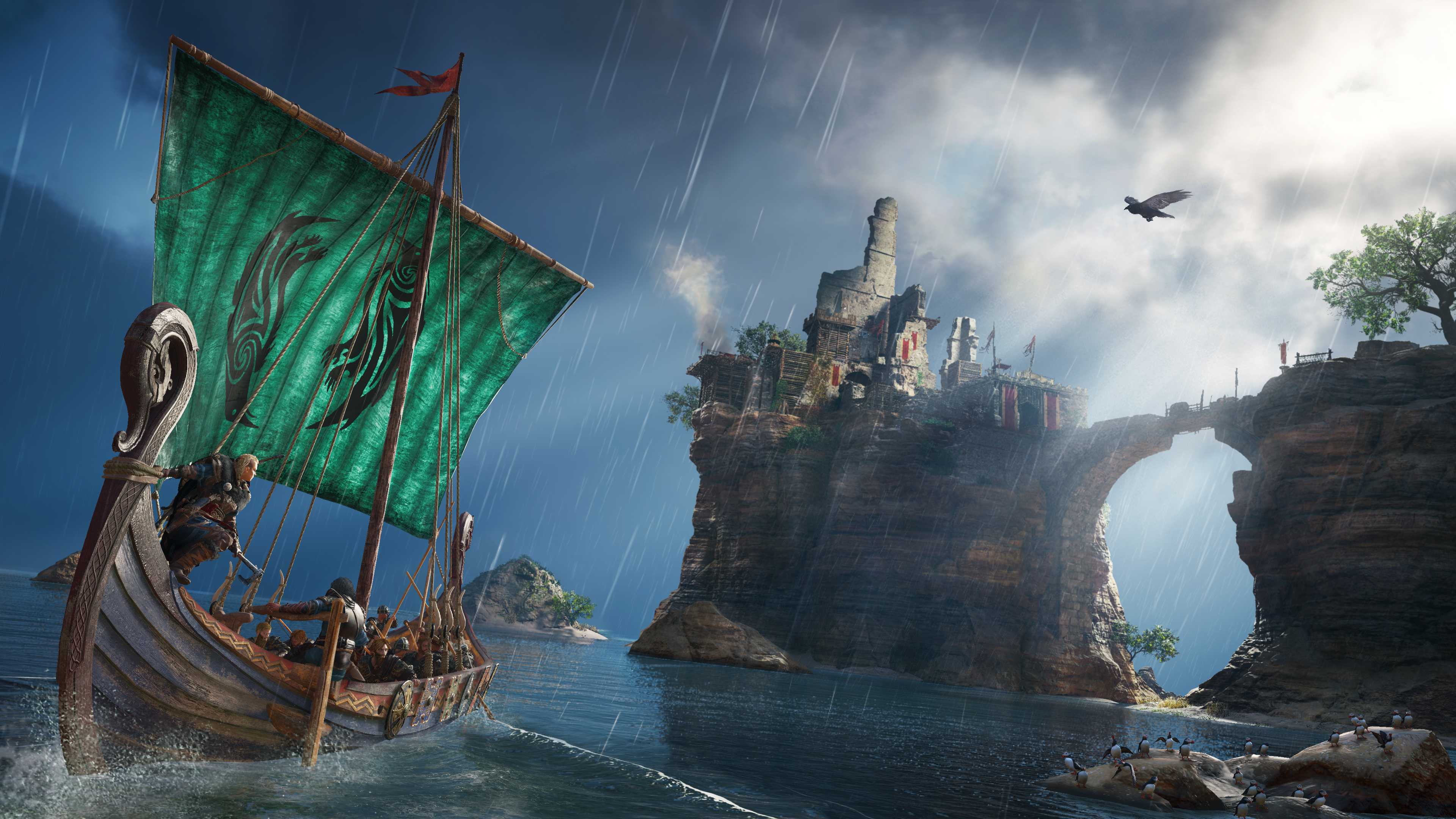 Female Eivor commanding a ship and looking at a castle