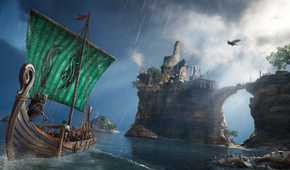 Female Eivor commanding a ship and looking at a castle