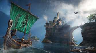 Female Eivor commanding a ship and looking at a castle