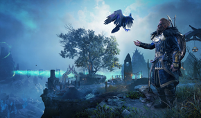 Male Eivor and his eagle in a northern Island