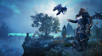 Male Eivor and his eagle in a northern Island
