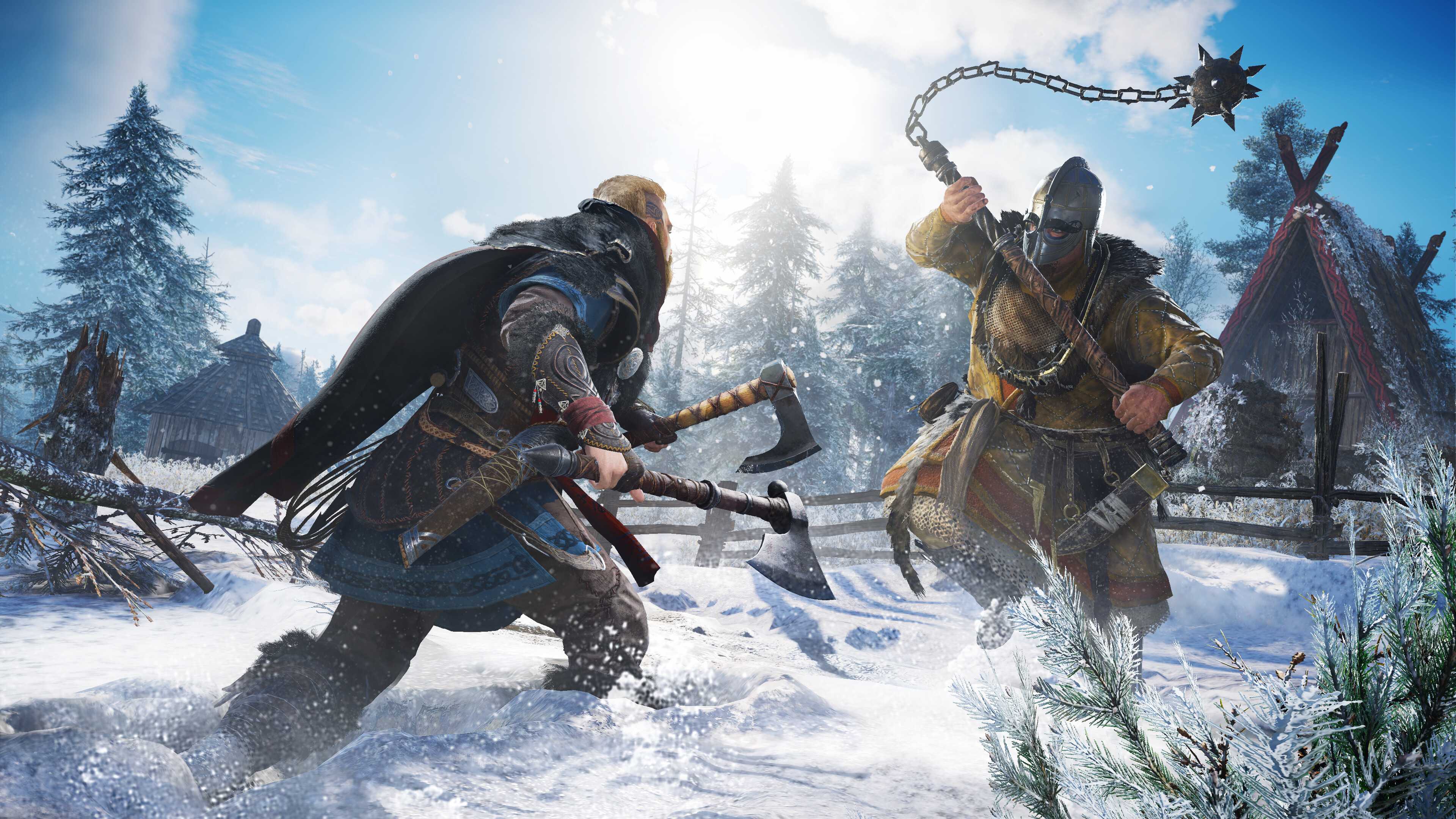 Male Eivor, holding two axes, fighting a big enemy with a chained mace