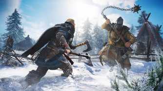 Male Eivor, holding two axes, fighting a big enemy with a chained mace