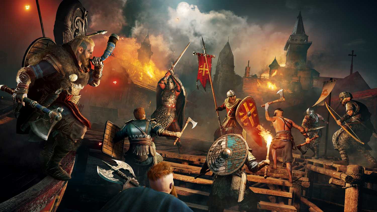 Vikings climbing the stairs in a raid on the English lead by male Eivor