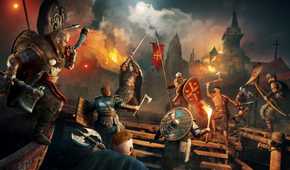 Vikings climbing the stairs in a raid on the English lead by male Eivor