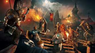 Vikings climbing the stairs in a raid on the English lead by male Eivor