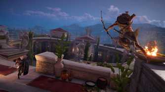 Bayek jumping from a ledge and aiming a bow at a soldier with a shield