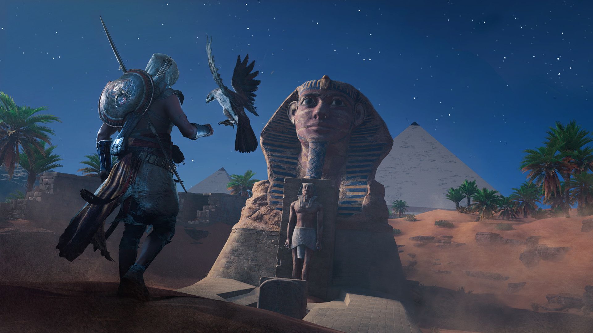 Bayek with his eagle approaching the Sphinx