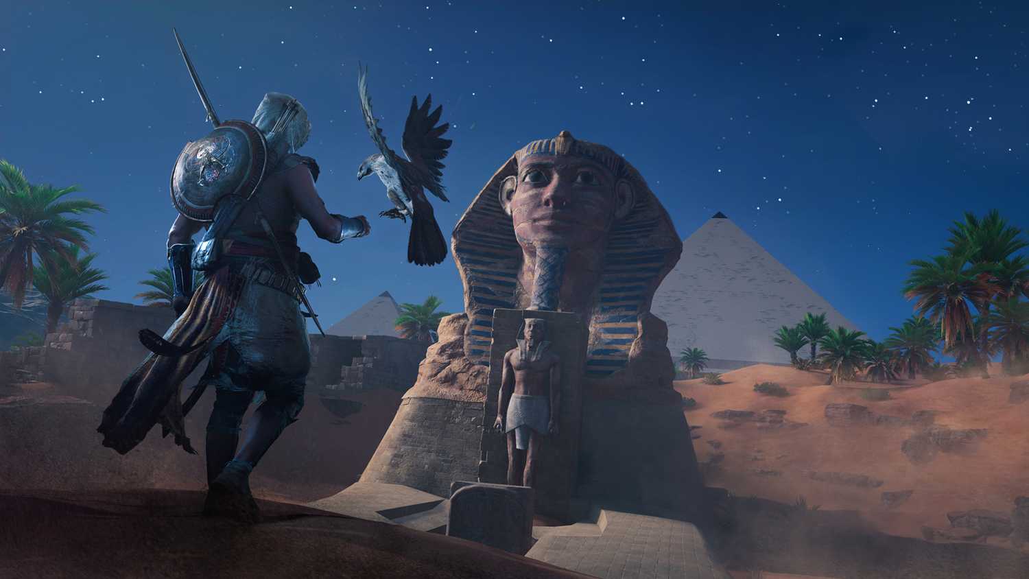 Bayek with his eagle approaching the Sphinx