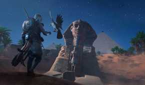 Bayek with his eagle approaching the Sphinx