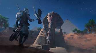 Bayek with his eagle approaching the Sphinx