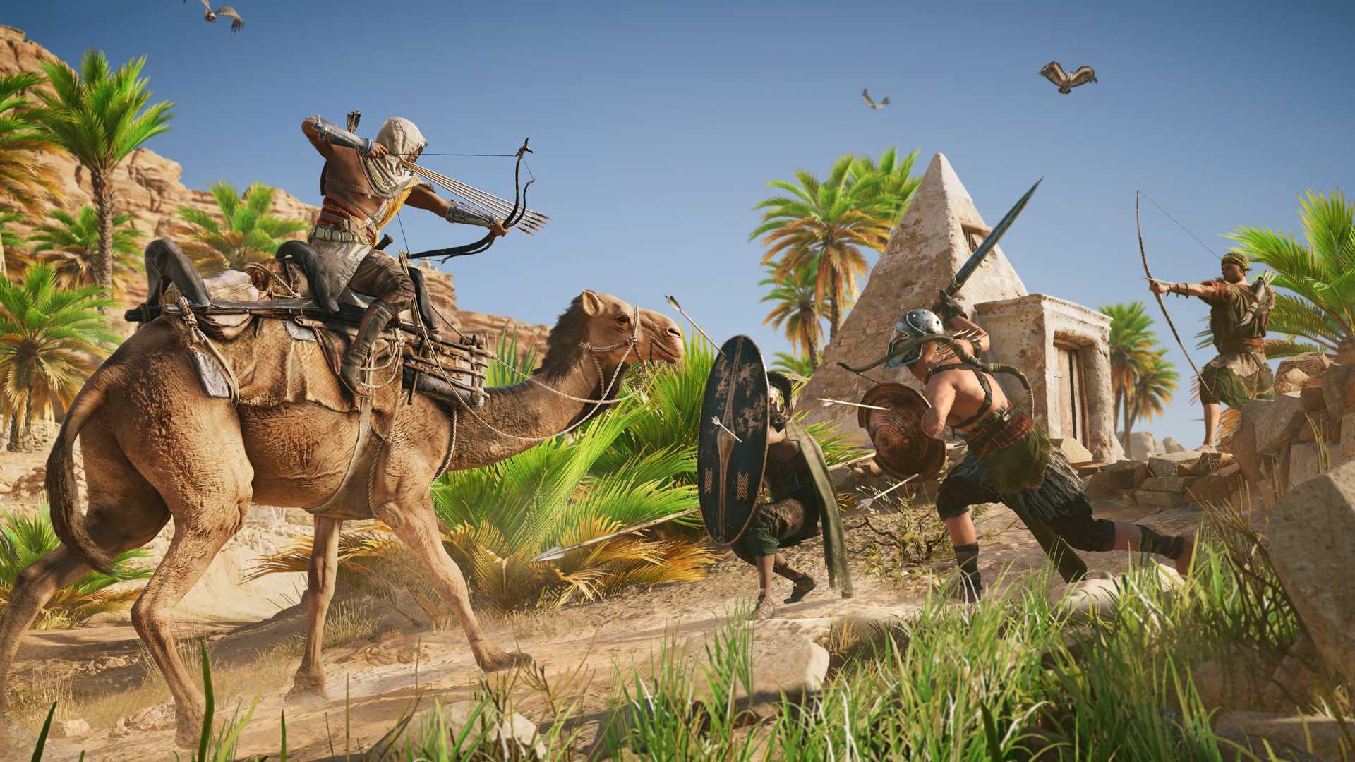 Bayek riding a camel aiming with a hunter bow at cavalry