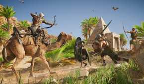 Bayek riding a camel aiming with a hunter bow at cavalry