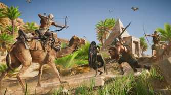 Bayek riding a camel aiming with a hunter bow at cavalry