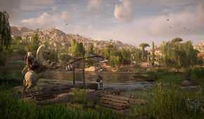 Bayek on horseback looking at the nile in a green area