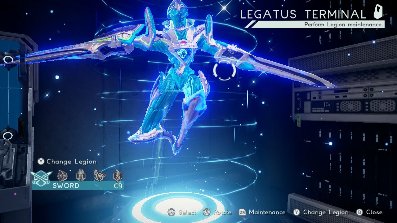 Screenshot of the Legatus terminal in Astral Chain showing the Sword Legion