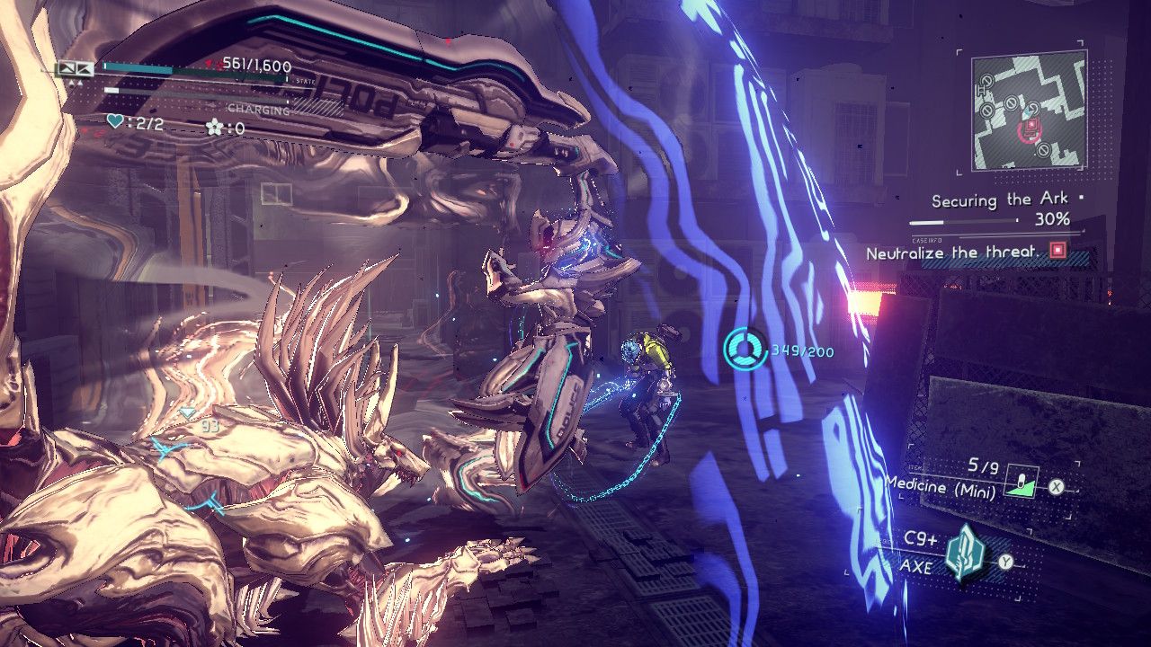 Screenshot of a fight sequence in Astral Chain for the Nintendo Switch