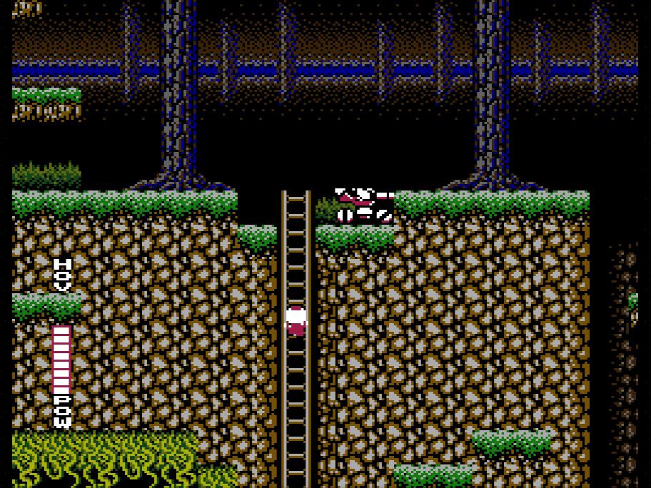 Screenshot of a sidescrolling segment in Blaster Master on the NES with the protagonist outside the tank