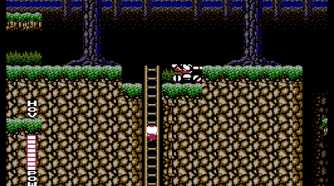 Screenshot of a sidescrolling segment in Blaster Master on the NES with the protagonist outside the tank