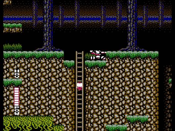 Screenshot of a sidescrolling segment in Blaster Master on the NES with the protagonist outside the tank