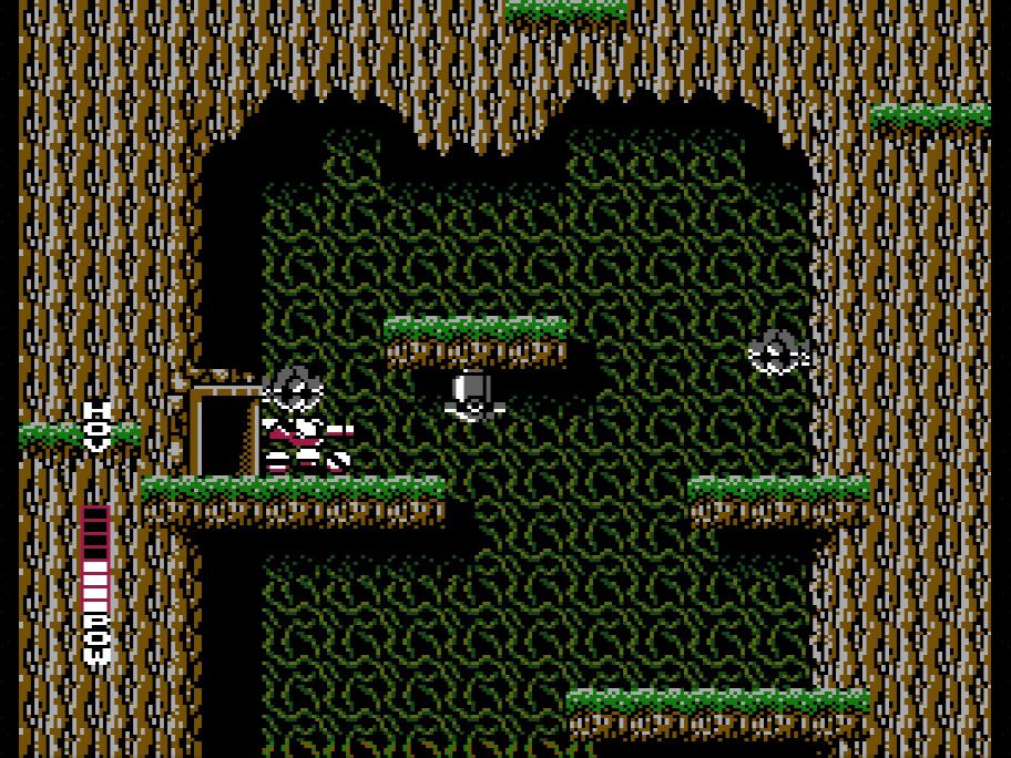 Screenshot of a sidescrolling segment inside a cave in Blaster Master on the NES