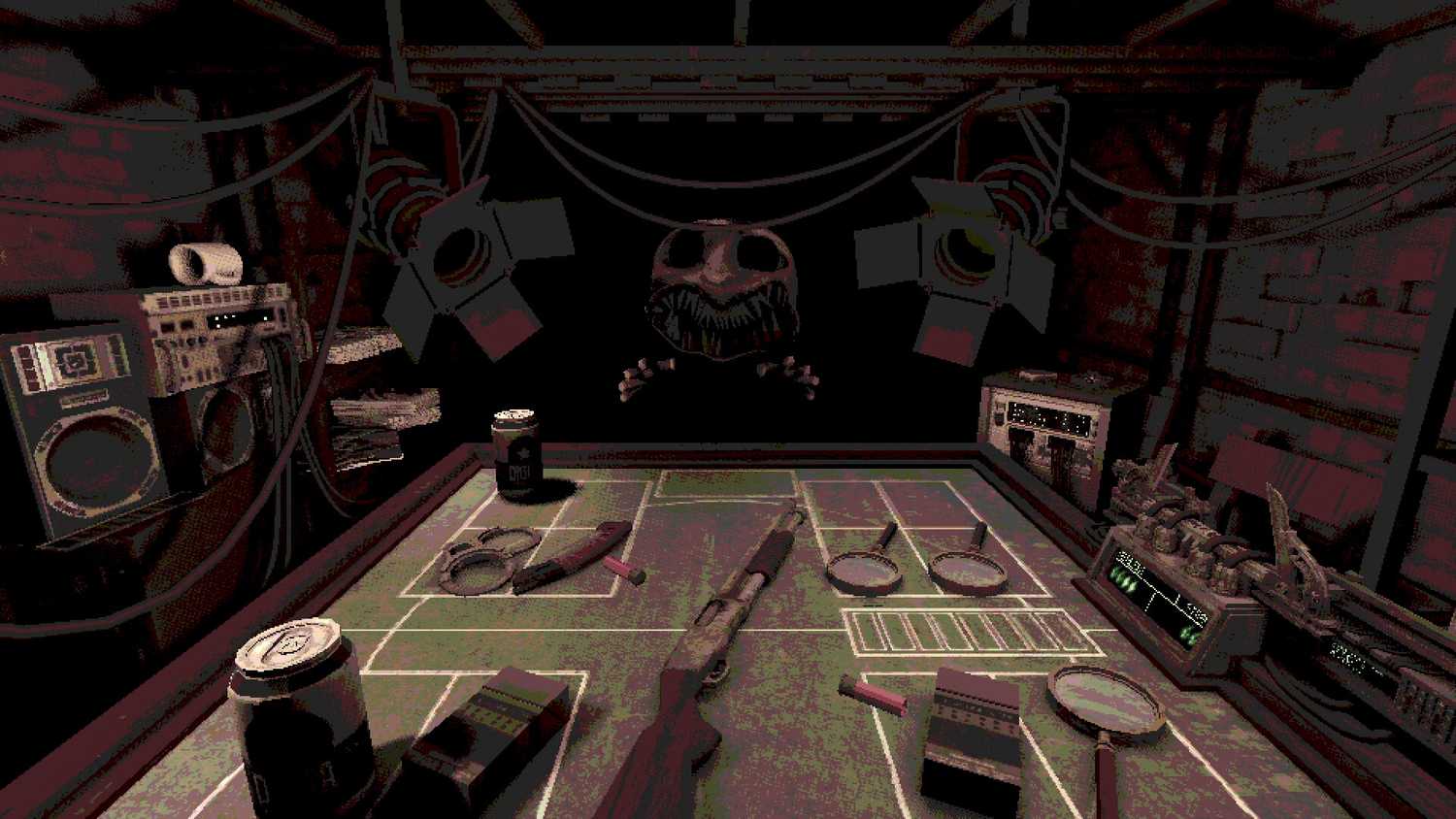 Screenshot from Buckshot Roulette video game of masked character with large teeth on opposite end of table with shotgun lying on table.