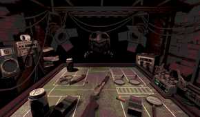 Screenshot from Buckshot Roulette video game of masked character with large teeth on opposite end of table with shotgun lying on table.