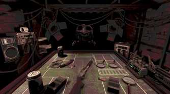 Screenshot from Buckshot Roulette video game of masked character with large teeth on opposite end of table with shotgun lying on table.