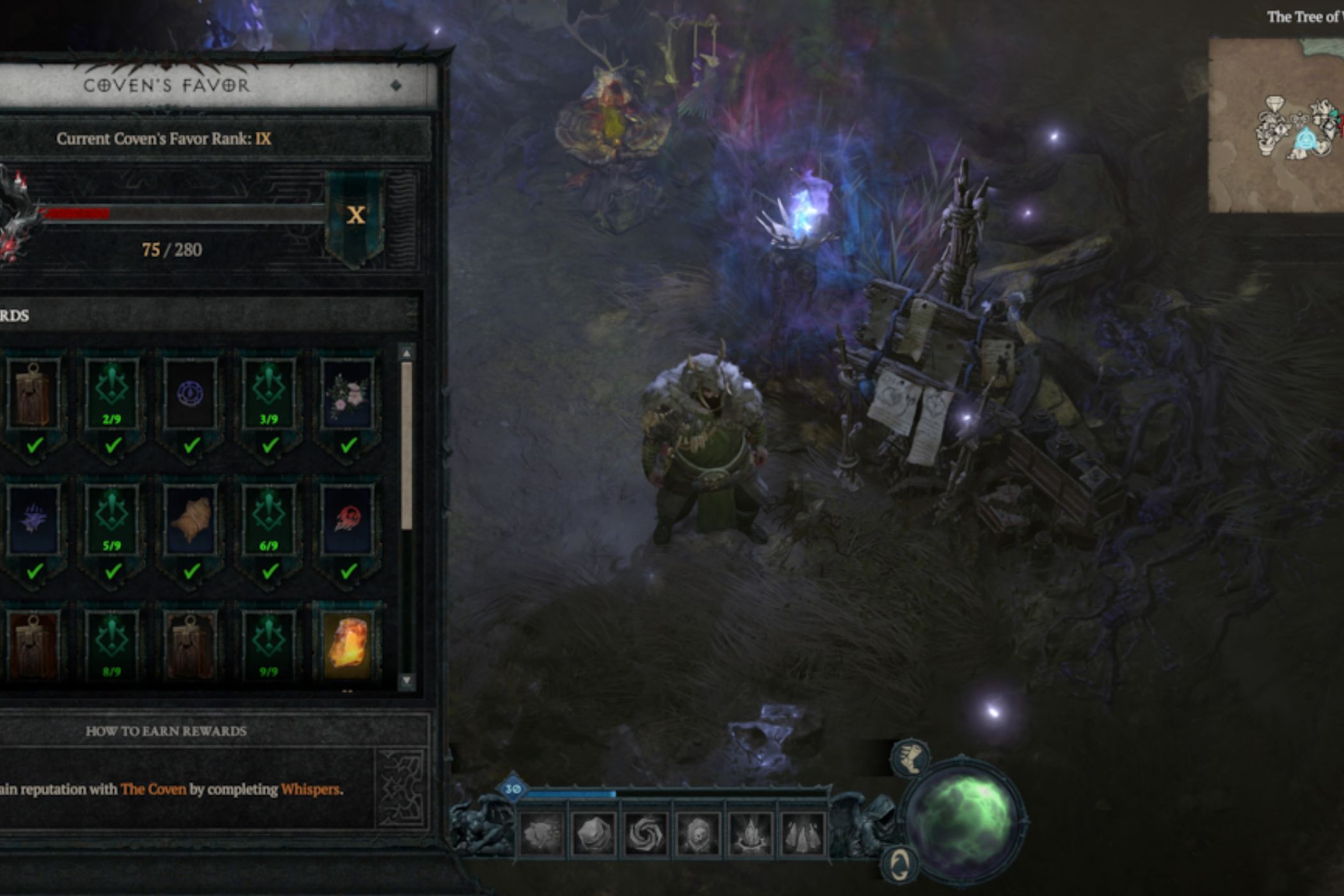 Diablo VI character standing in safe zone with inventory screen open