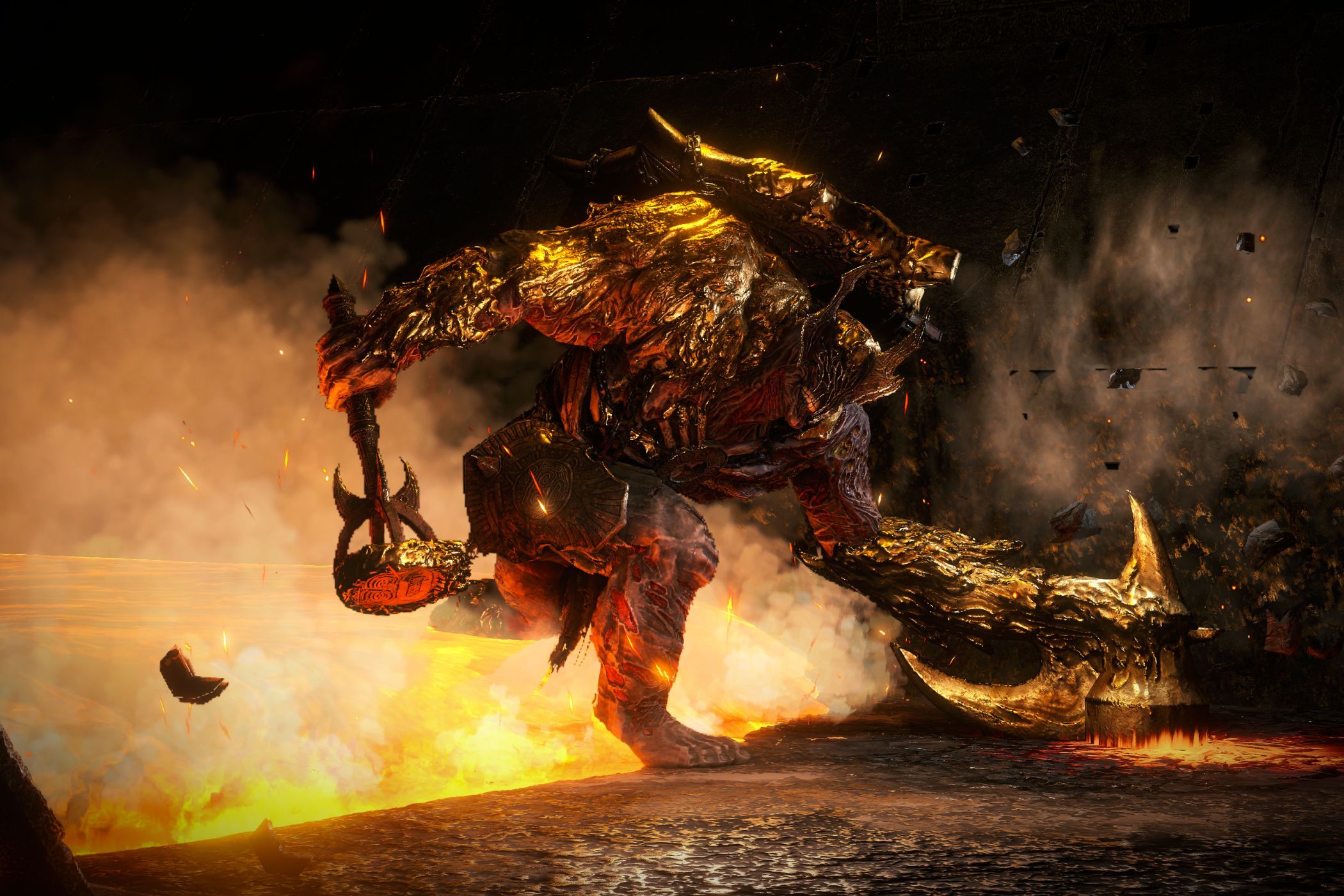 Path of Exile 2 Mektul boss marching out of Lava in forge