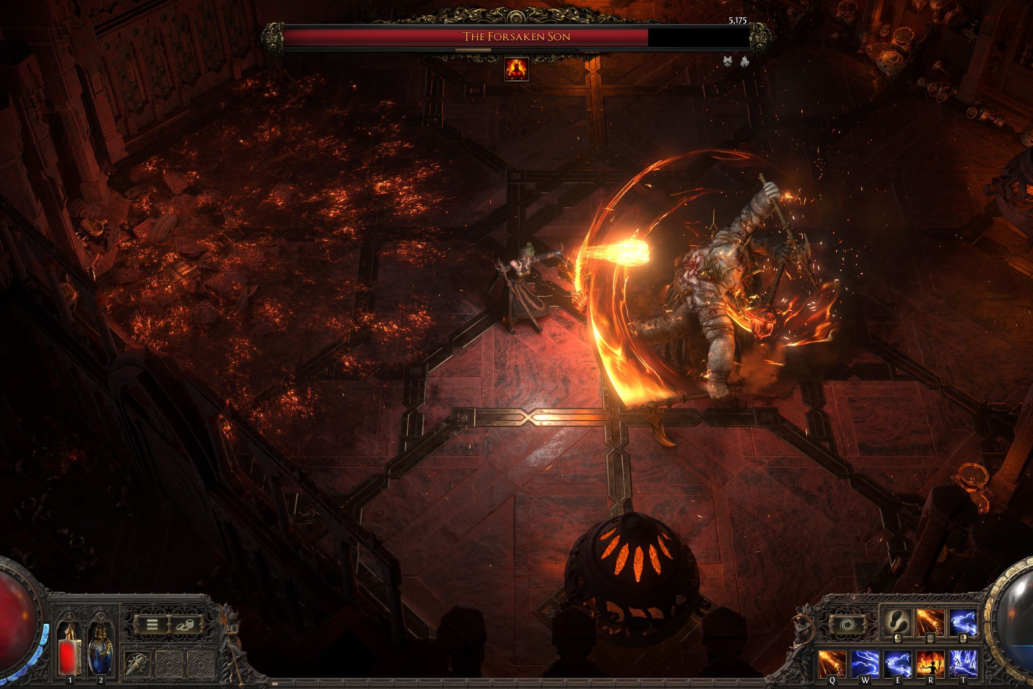 Path of Exile 2 Sorceress casting fireball in boss fight