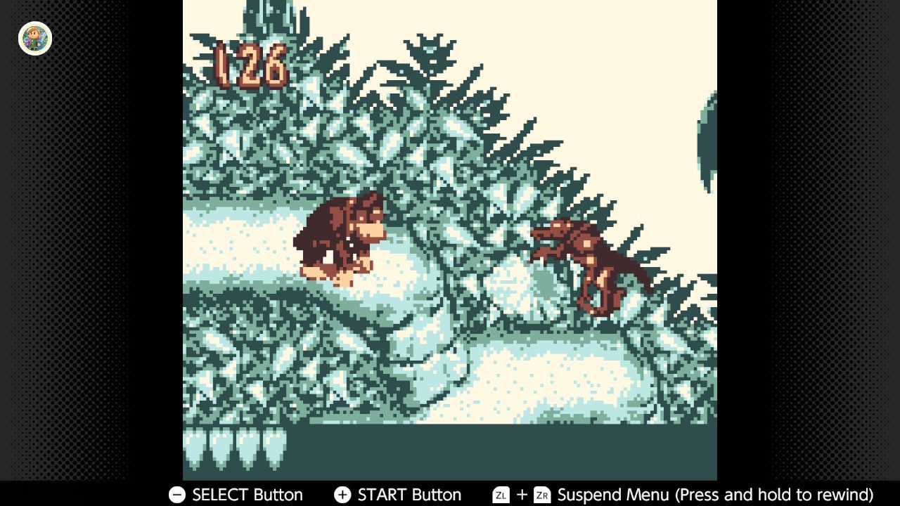 Screenshot of Donkey Kong Land for the Game Boy played with the Game Boy Color filter on Nintendo Switch online
