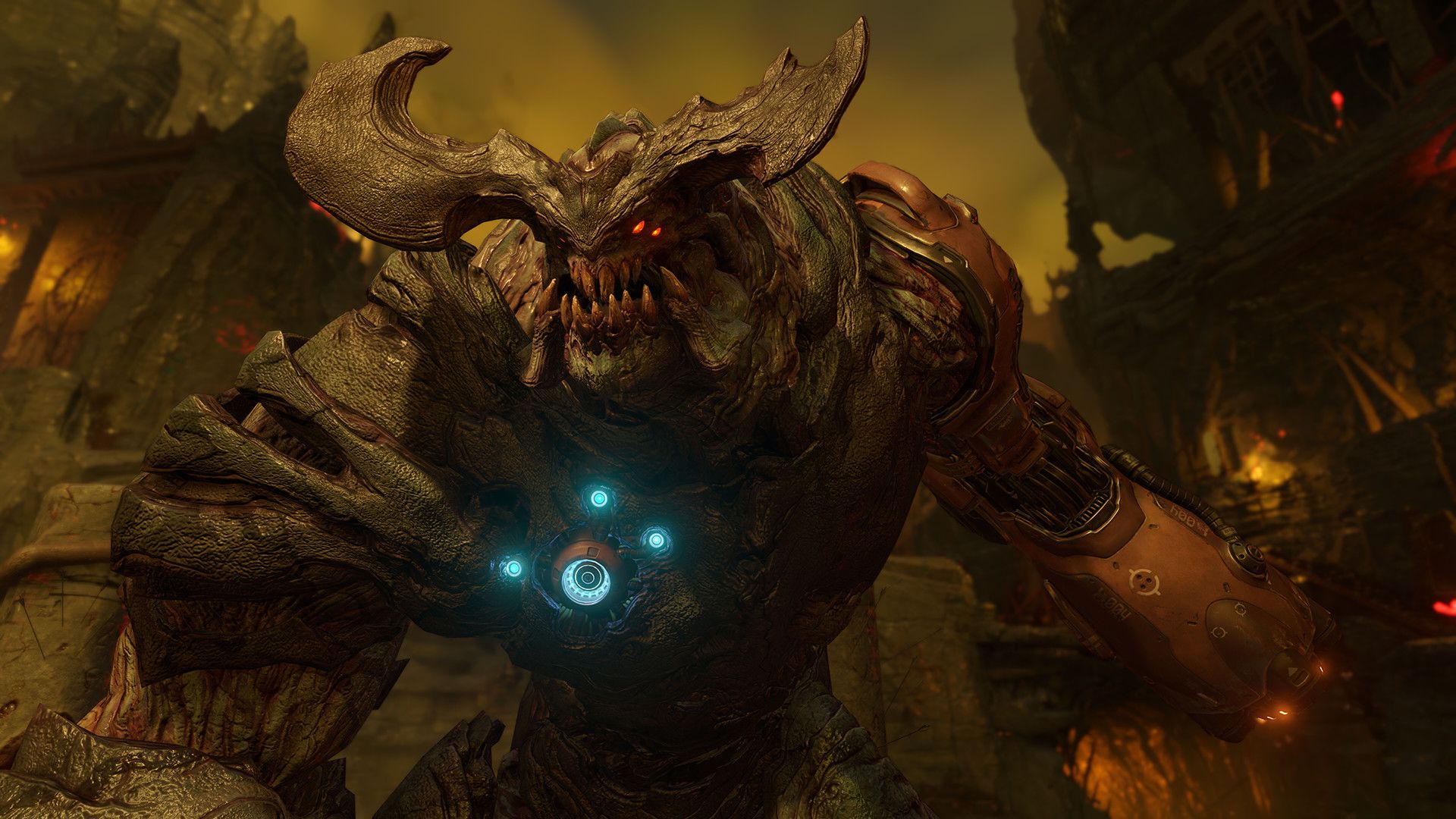 Screenshot from DOOM (2016) video game of demonic enemy with horns and large teeth