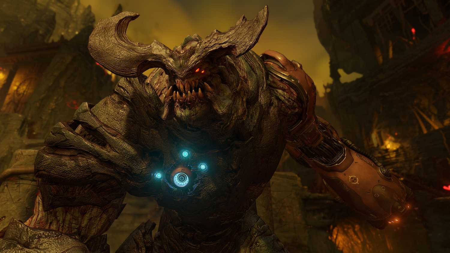 Screenshot from DOOM (2016) video game of demonic enemy with horns and large teeth
