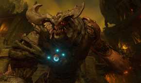 Screenshot from DOOM (2016) video game of demonic enemy with horns and large teeth