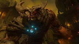 Screenshot from DOOM (2016) video game of demonic enemy with horns and large teeth
