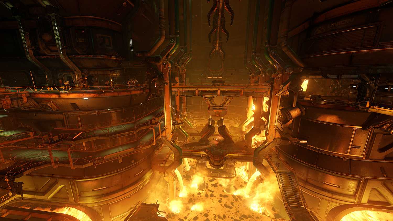 Screenshot from DOOM (2016) video game of factory with metal structures above lava pit