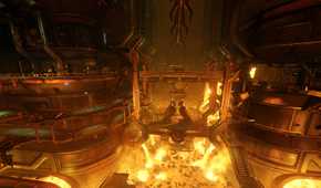 Screenshot from DOOM (2016) video game of factory with metal structures above lava pit