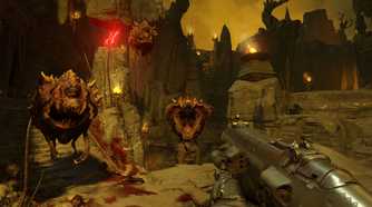 Screenshot from DOOM (2016) video game with three floating demon enemies pursuing player character in hellish environment