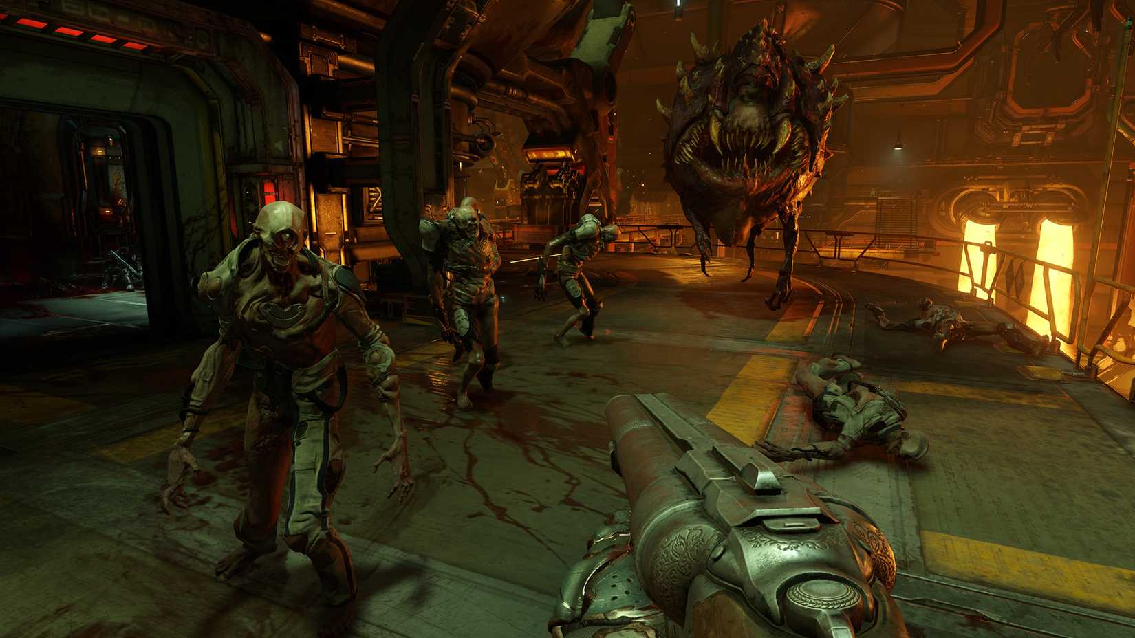 Screenshot from DOOM (2016) video game of demonic enemies closing in on player character with shotgun