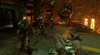 Screenshot from DOOM (2016) video game of demonic enemies closing in on player character with shotgun
