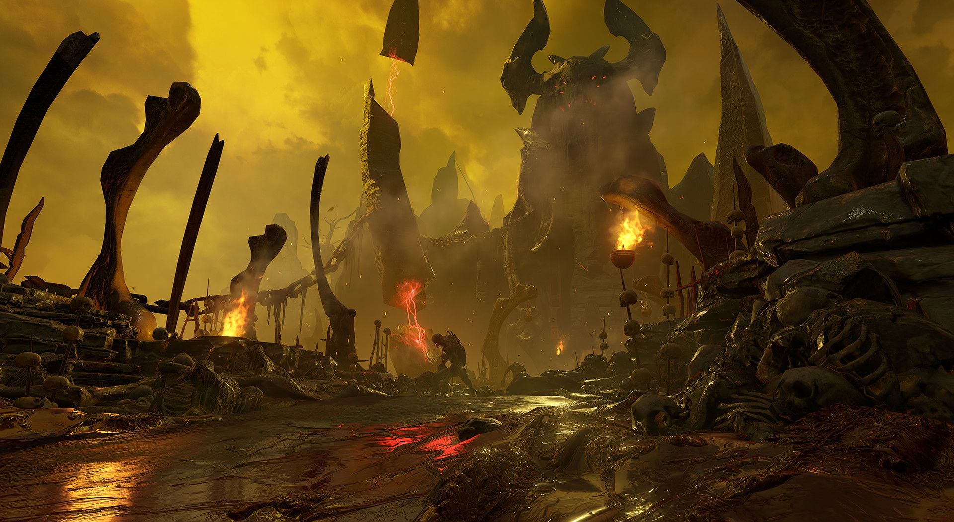 Screenshot from DOOM (2016) video game of dilapidated environment and tall tower in the distance