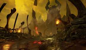 Screenshot from DOOM (2016) video game of dilapidated environment and tall tower in the distance
