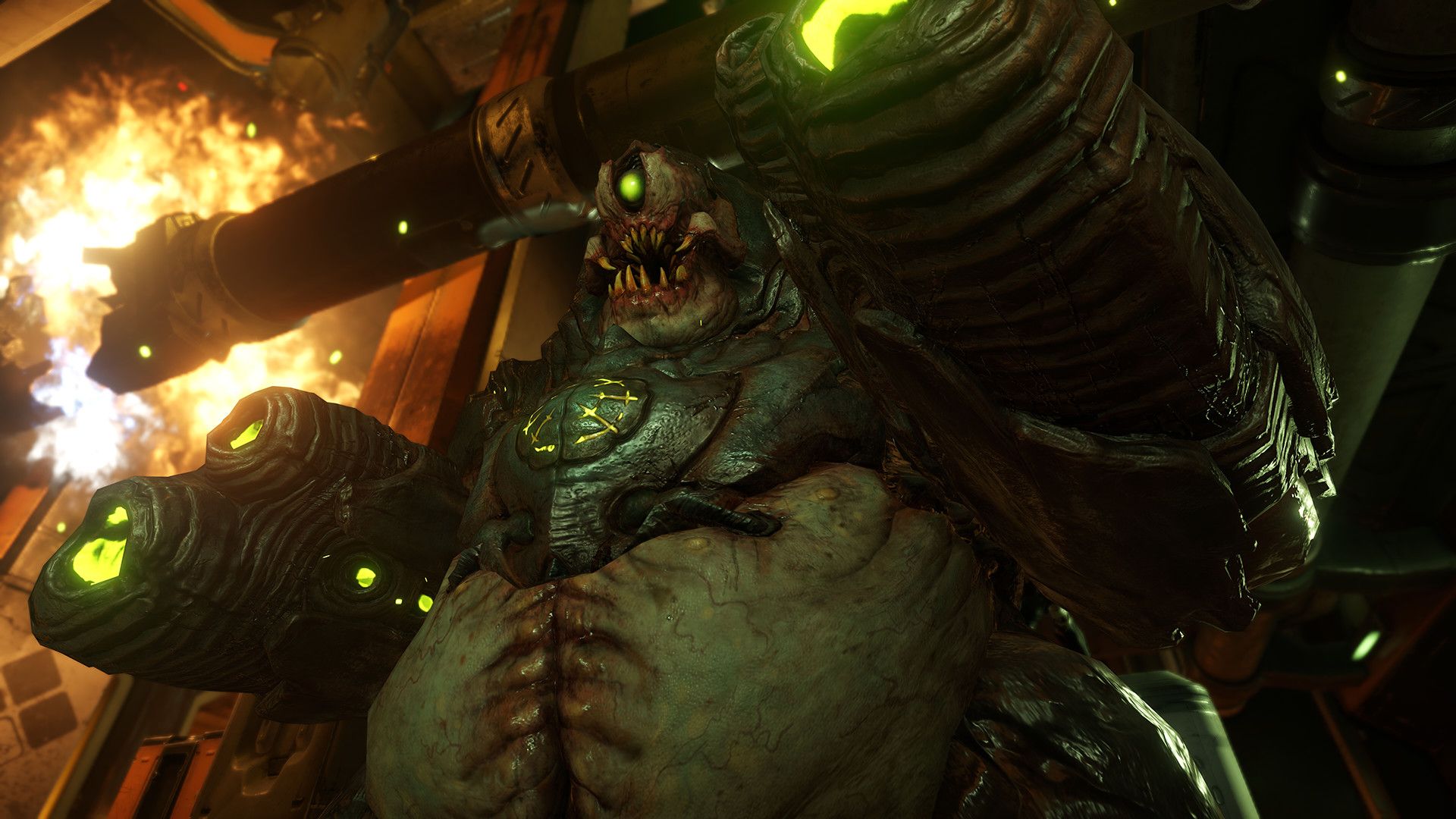Screenshot from DOOM (2016) video game of demon enemy with large belly and one eye and guns for hands