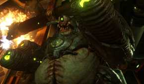 Screenshot from DOOM (2016) video game of demon enemy with large belly and one eye and guns for hands