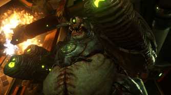 Screenshot from DOOM (2016) video game of demon enemy with large belly and one eye and guns for hands