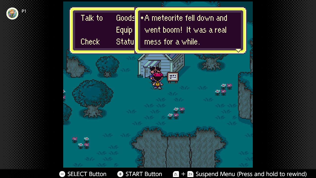 Screenshot of the player's village in Earthbound for the SNES captured on the Nintendo Switch Online app