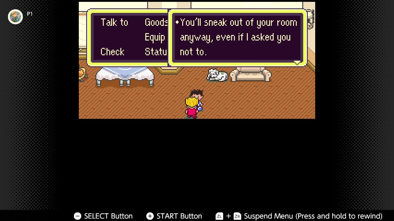 Screenshot of the player's home in Earthbound for the SNES captured on the Nintendo Switch Online app