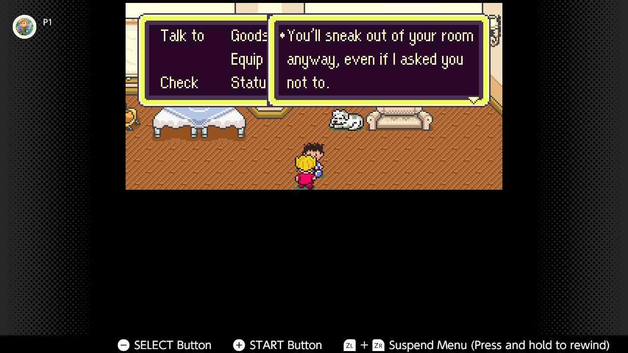 Screenshot of the player's home in Earthbound for the SNES captured on the Nintendo Switch Online app